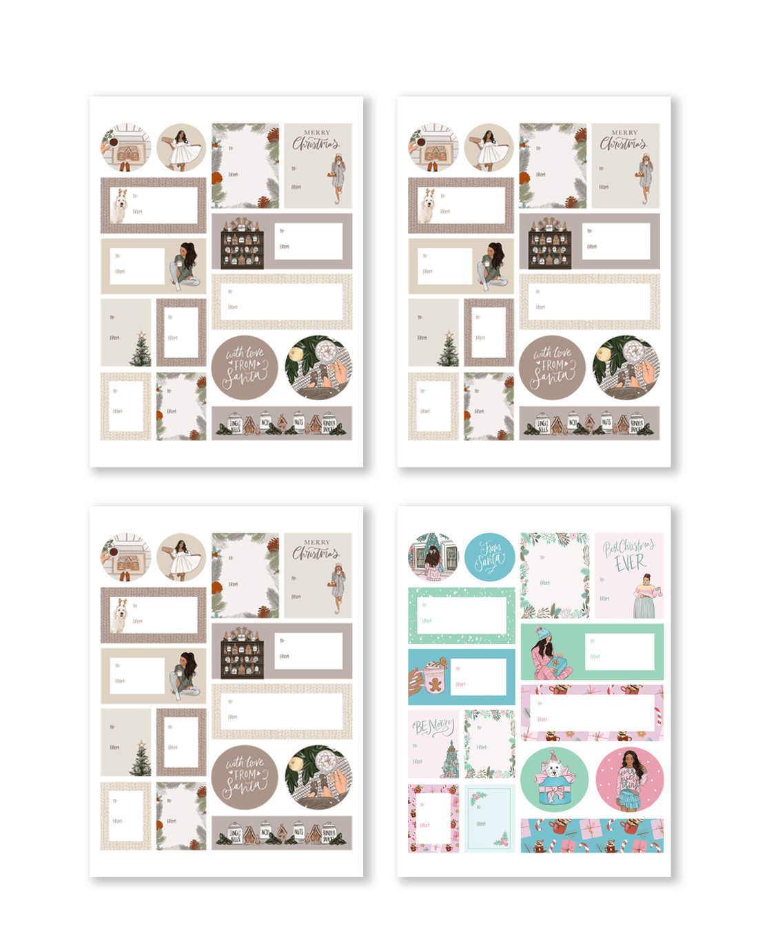Decorative stickers with cheerful holiday phrases and illustrations, perfect for labeling Christmas gifts.