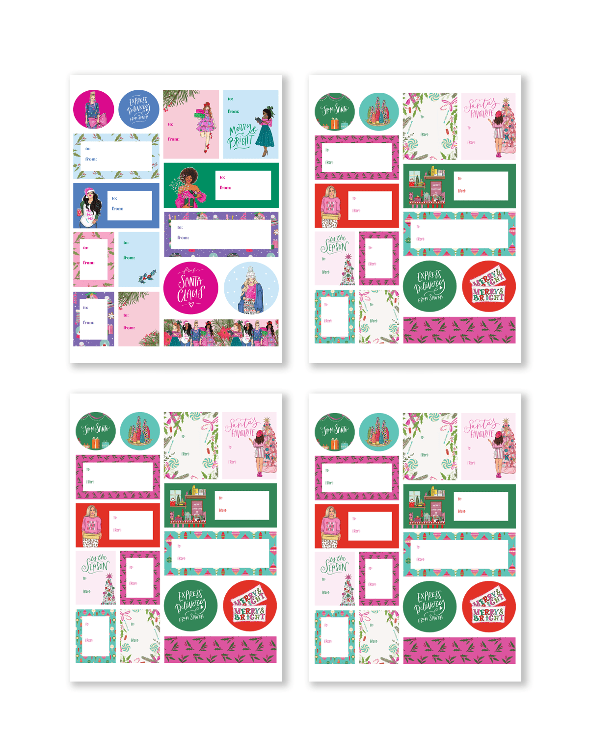 Variety of gift tag stickers in a playful holiday theme, incorporating colors like red, green, and gold.