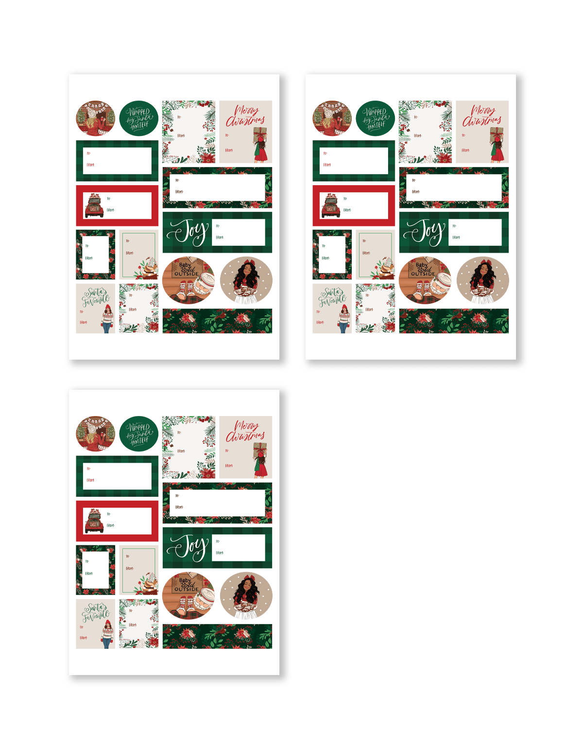 A selection of gift tag stickers featuring a fun holiday theme, using colors such as red, green, and gold.