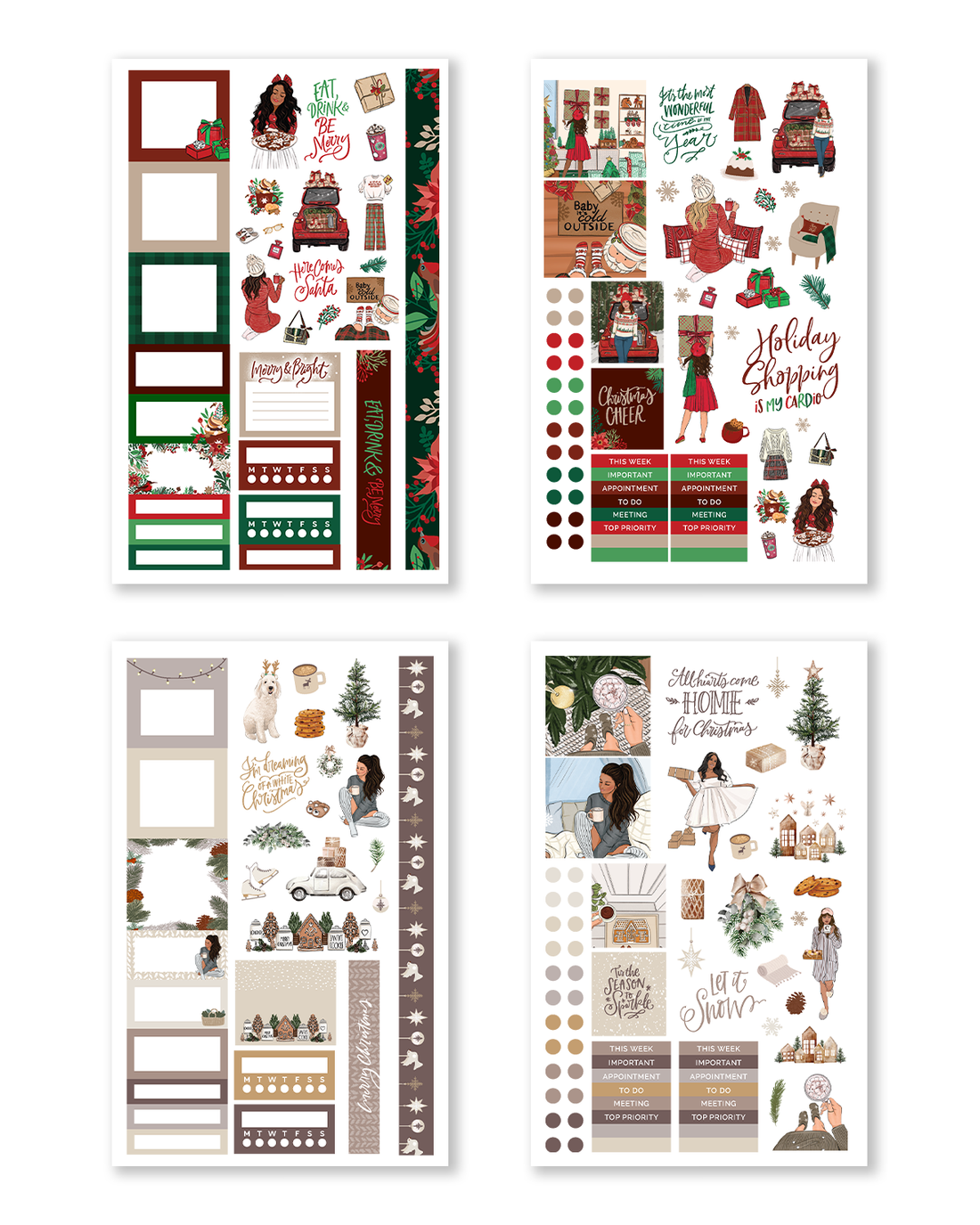 Hand-drawn Christmas planner sticker pages featuring holiday shopping, festive fashion illustrations, cozy winter decor, Christmas trees, decorative boxes, and functional planner stickers.