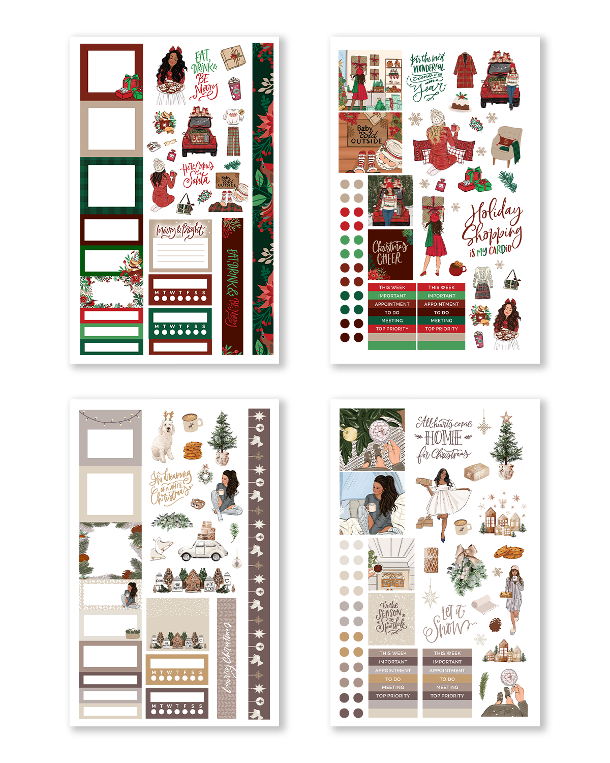 Hand-drawn Christmas planner sticker pages featuring holiday shopping, festive fashion illustrations, cozy winter decor, Christmas trees, decorative boxes, and functional planner stickers.