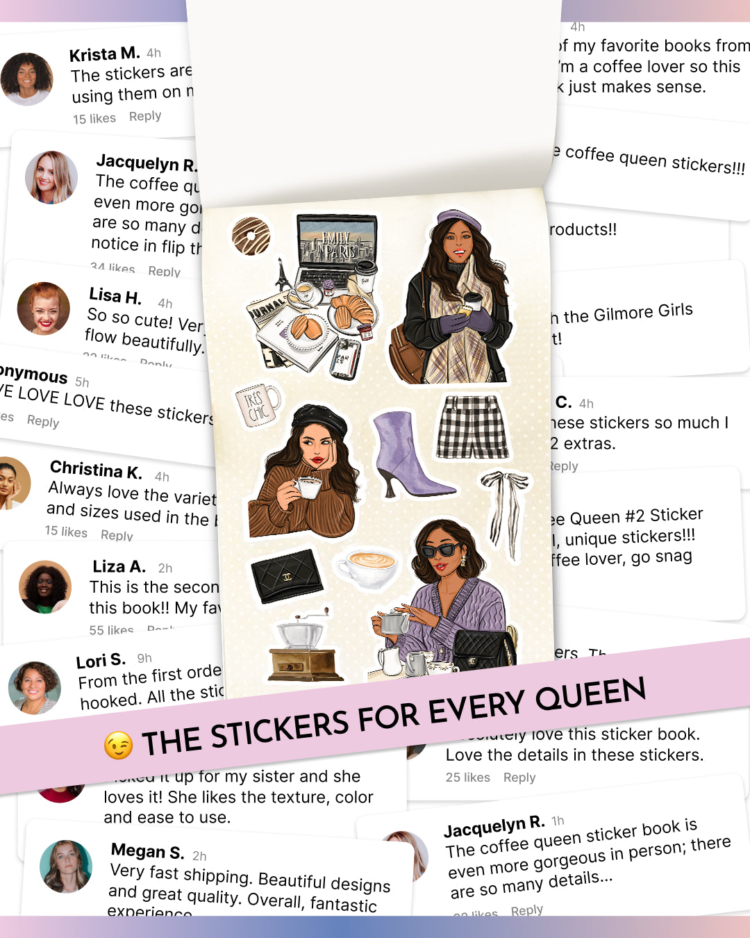 Sticker pack with various images of a woman in different poses, surrounded by text reviews.