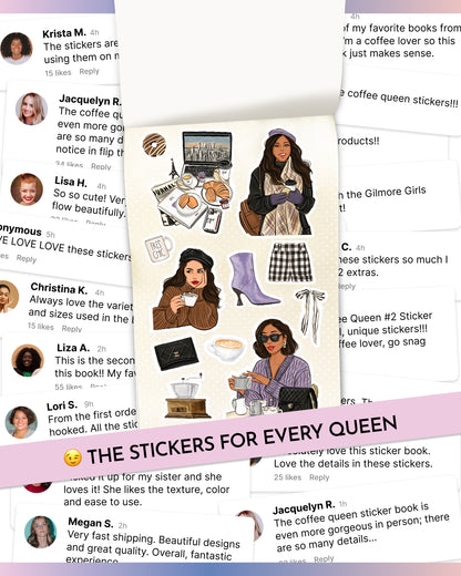 Sticker pack with various images of a woman in different poses, surrounded by text reviews.
