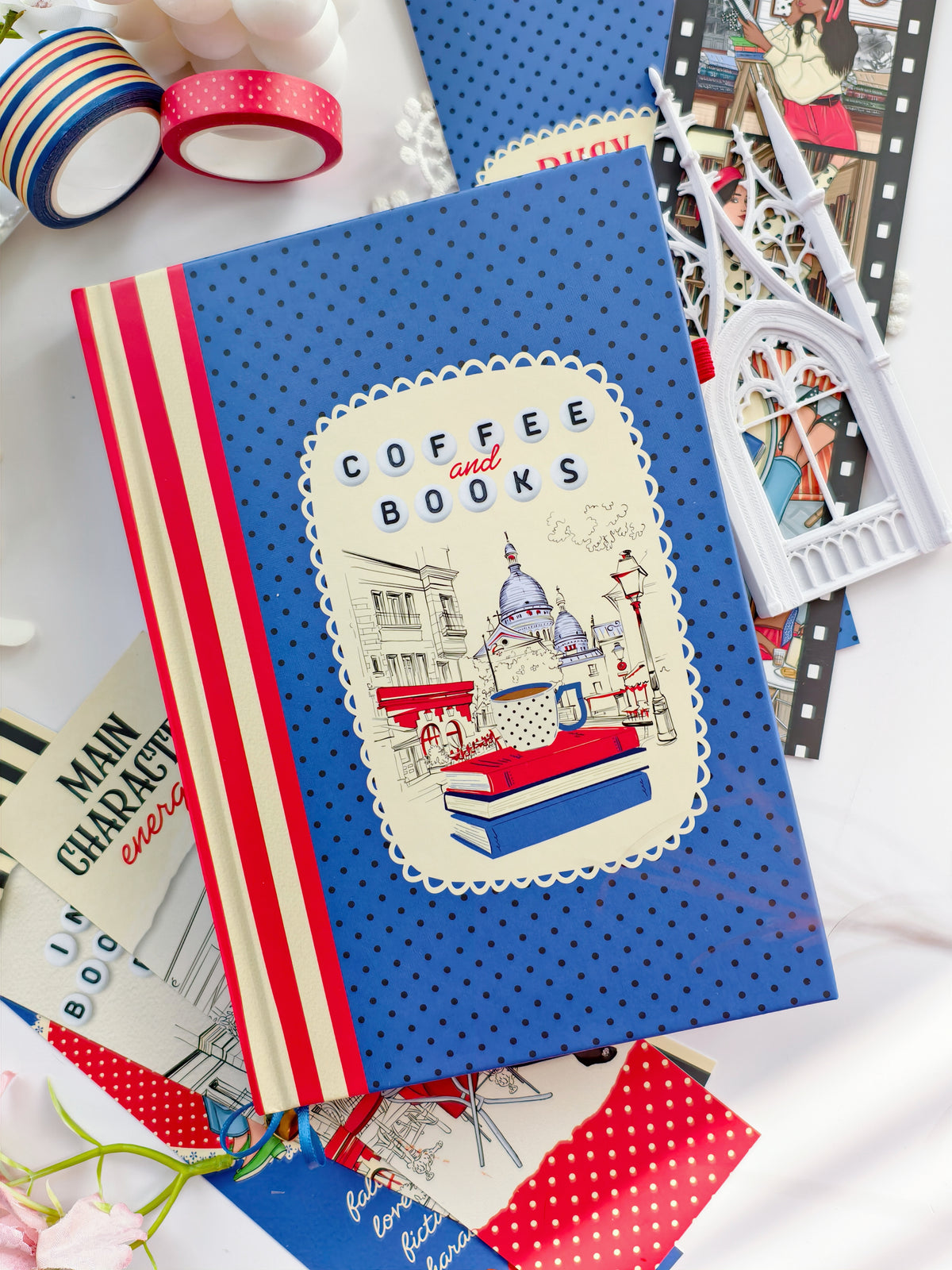 Navy blue Coffee and Books sticker book cover with coffee cup illustrations, books, and elegant bookish aesthetic details.