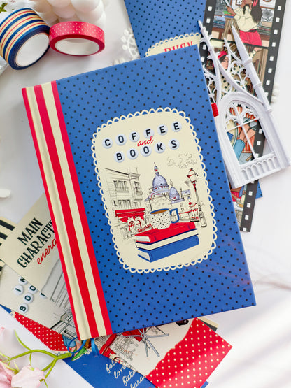 Navy blue Coffee and Books sticker book cover with coffee cup illustrations, books, and elegant bookish aesthetic details.