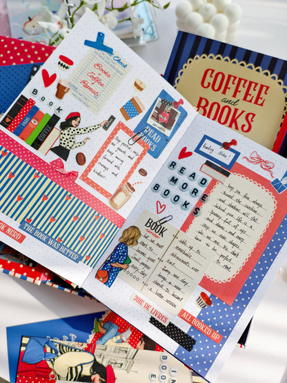 Open reading journal decorated with Coffee and Books stickers, layered journaling elements, reading notes, and Paris-inspired bookish artwork.