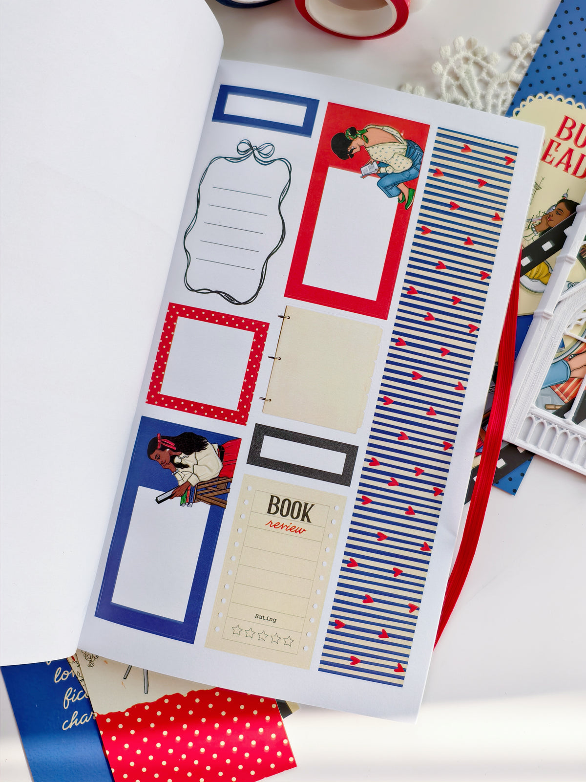 Functional reading journal sticker collection featuring labels, reading trackers, journaling inserts, and decorative planner frames.