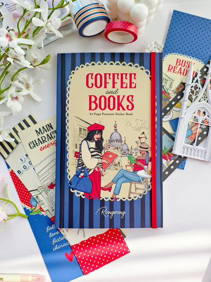 Coffee and Books premium sticker book cover featuring fashion illustrations, café scenes, and Paris-inspired literary artwork.