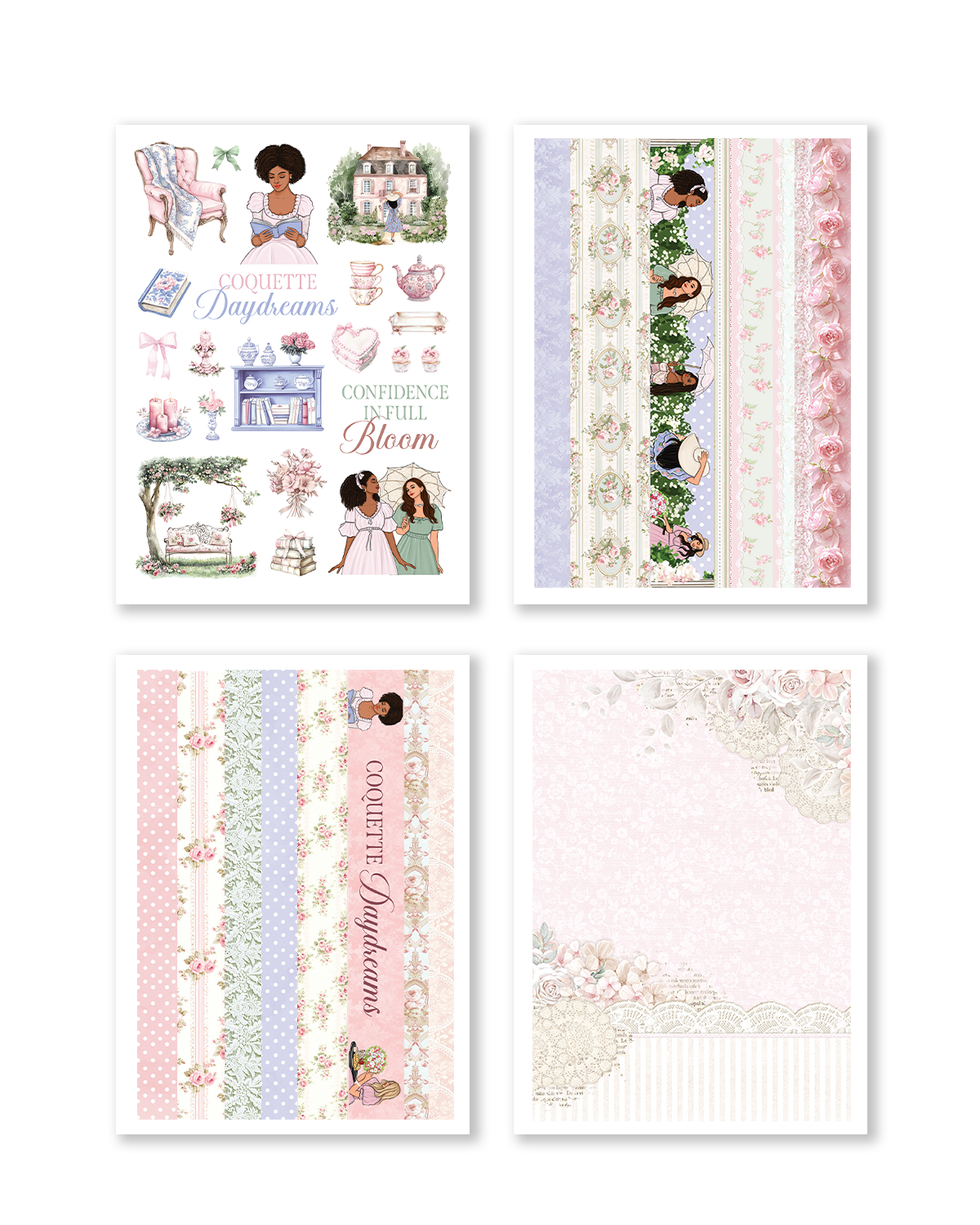 Hand-illustrated monthly planning kit in soft pink and green tones