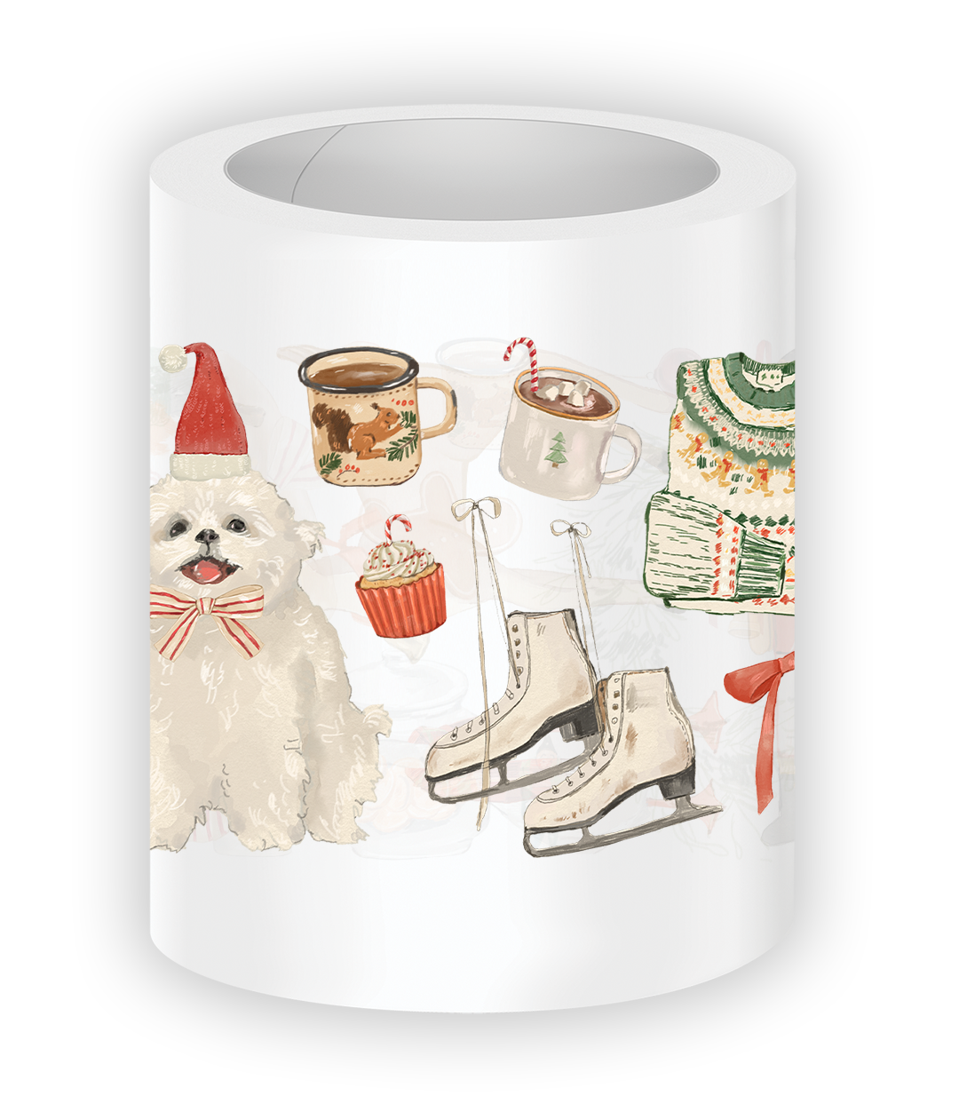 Cottage Christmas pre-cut PET tape featuring a fluffy white puppy in a Santa hat, hot cocoa mugs, knitted holiday sweater, ice skates, festive cupcake, and cozy winter accessories.