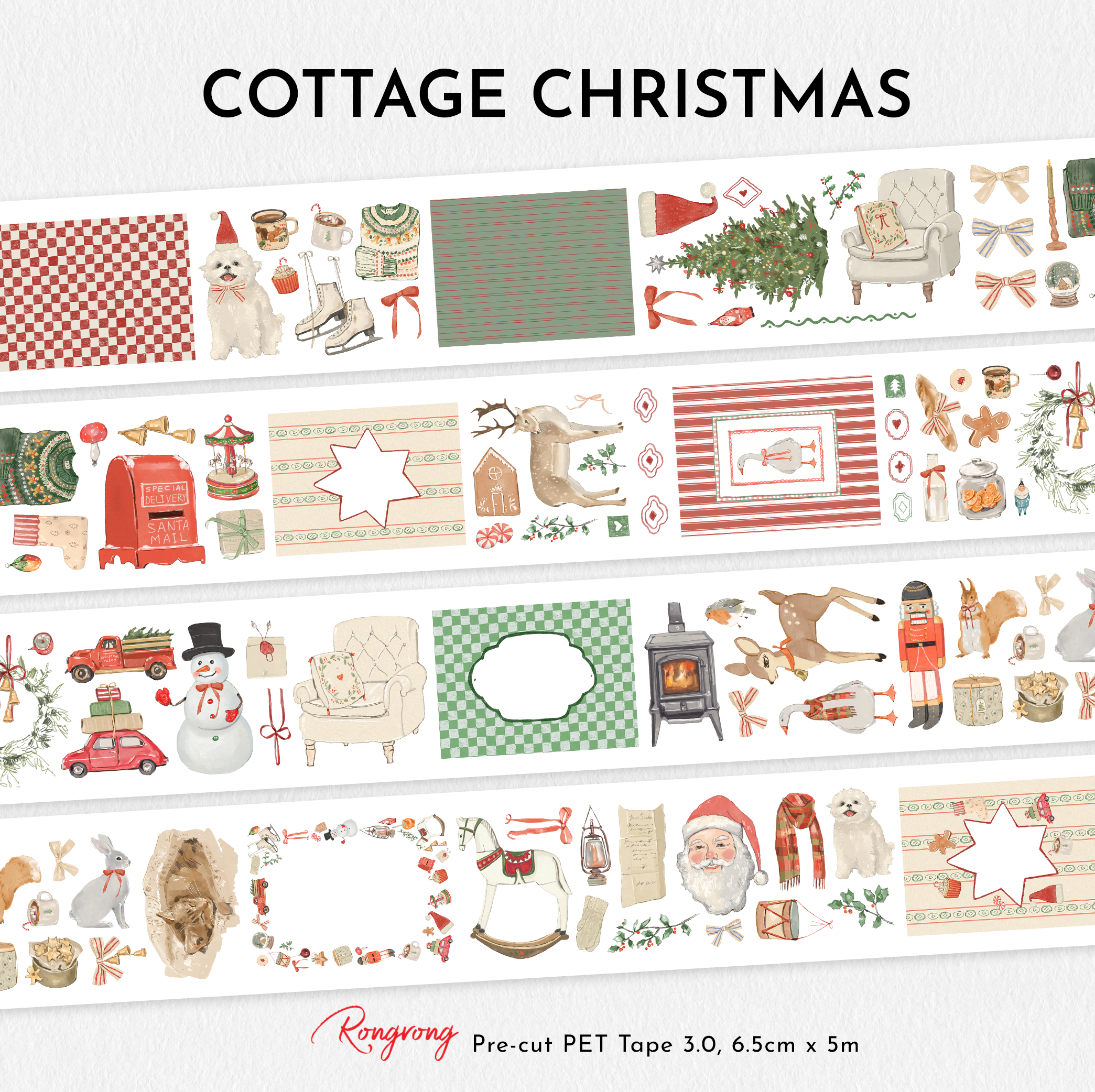 Cottage Christmas PET Tape 3.0 showcasing vintage holiday illustrations including Santa Claus, woodland deer, rabbits, snowmen, rocking horse, Christmas wreaths, festive mailboxes, cozy fireplaces, holiday ribbons, cocoa, gifts, and cottage Christmas décor.