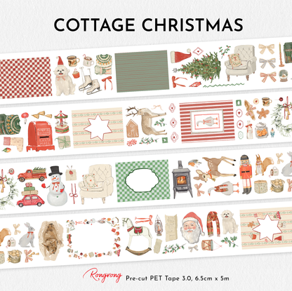 Cottage Christmas PET Tape 3.0 showcasing vintage holiday illustrations including Santa Claus, woodland deer, rabbits, snowmen, rocking horse, Christmas wreaths, festive mailboxes, cozy fireplaces, holiday ribbons, cocoa, gifts, and cottage Christmas décor.