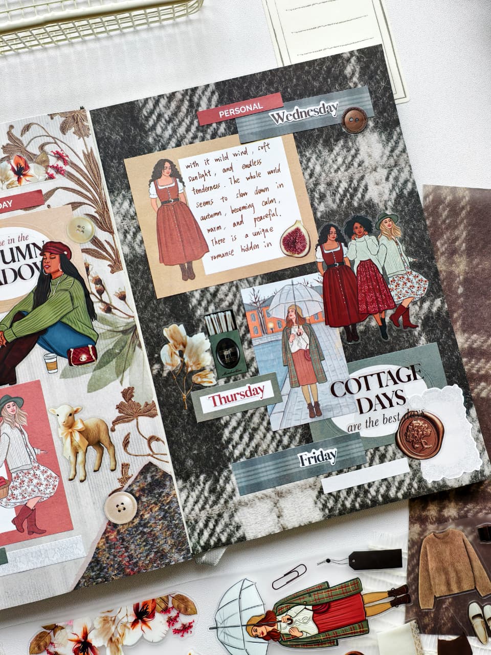 Close-up planner page featuring autumn-themed girls, plaid background, vintage perfume bottle, floral accents, handwritten journaling card, and the phrase "Cottage Days are the best days."
