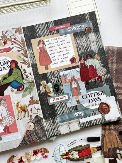 Close-up planner page featuring autumn-themed girls, plaid background, vintage perfume bottle, floral accents, handwritten journaling card, and the phrase "Cottage Days are the best days."