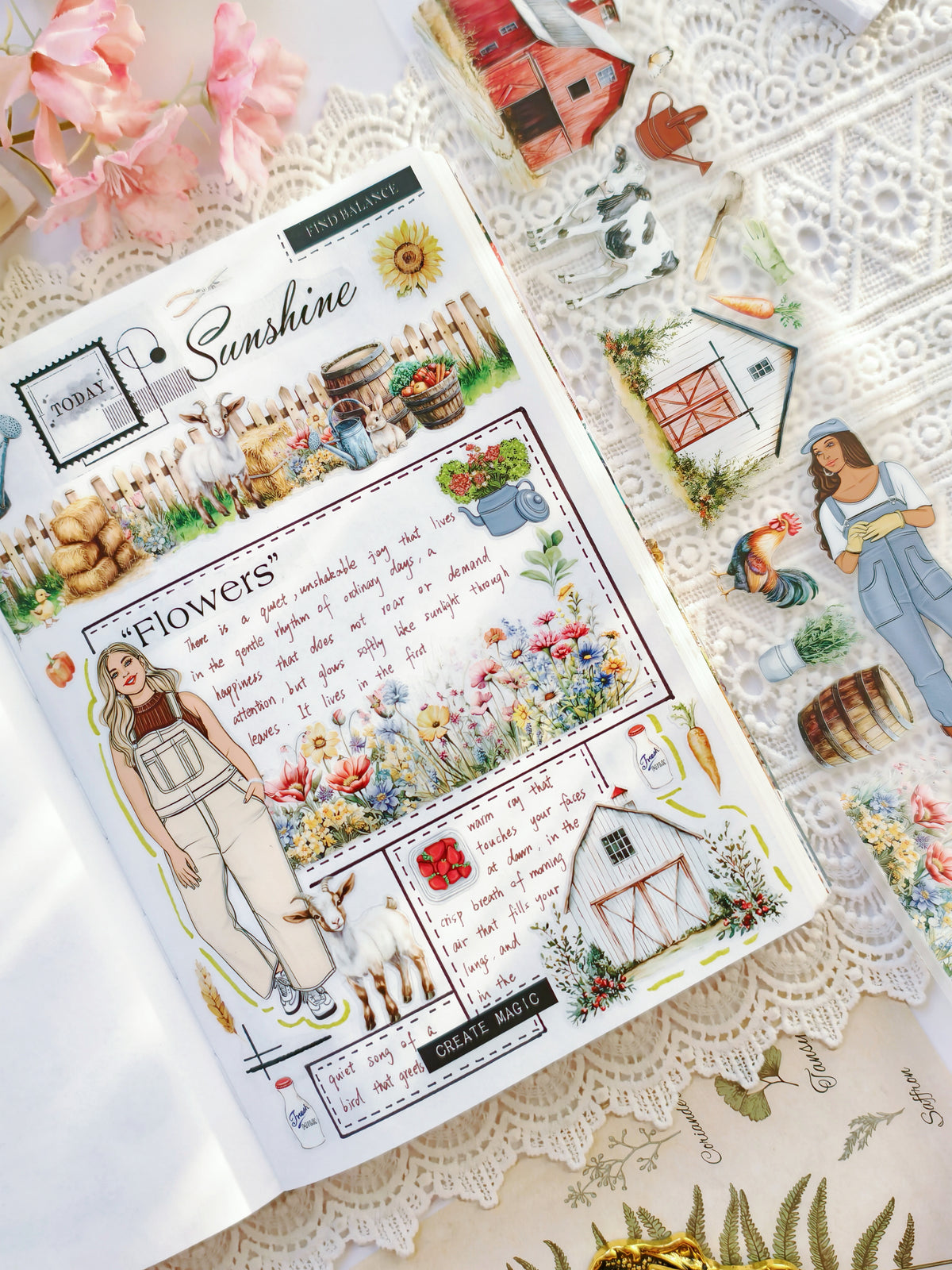 Rustic country journaling tape with wildflowers and farm scenes