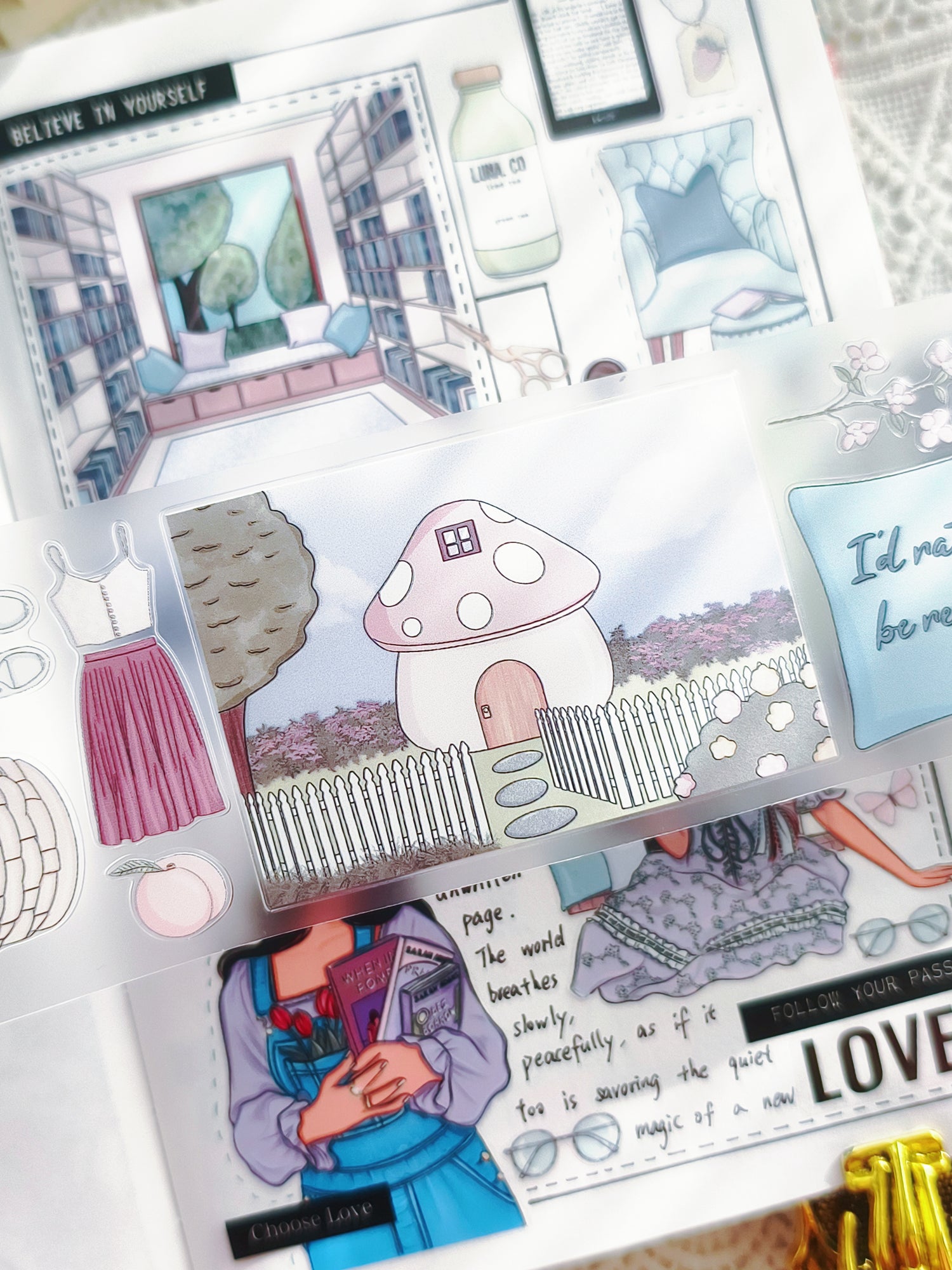 Cozy cottage reading journaling tape with soft pastel tones