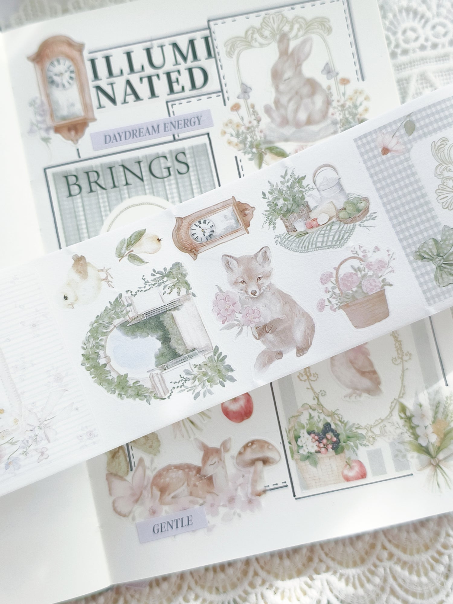 Vintage countryside journaling tape with florals, animals, and rustic scenes