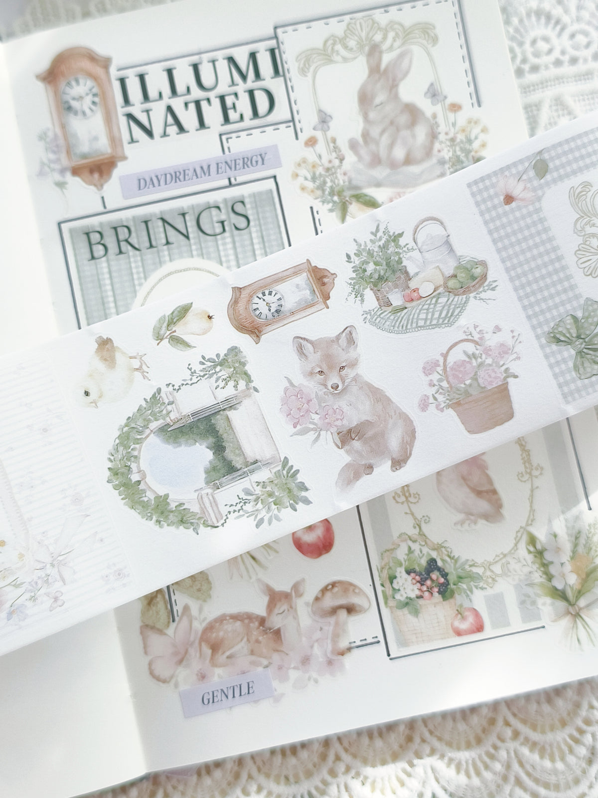 Vintage countryside journaling tape with florals, animals, and rustic scenes