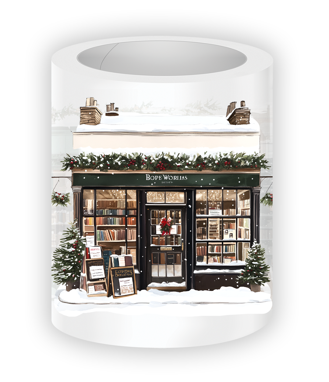 Cozy Winter Bookstores PET tape flatlay with festive storefronts