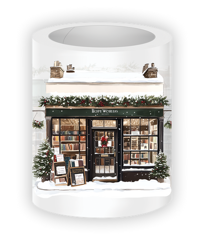 Cozy Winter Bookstores PET tape flatlay with festive storefronts