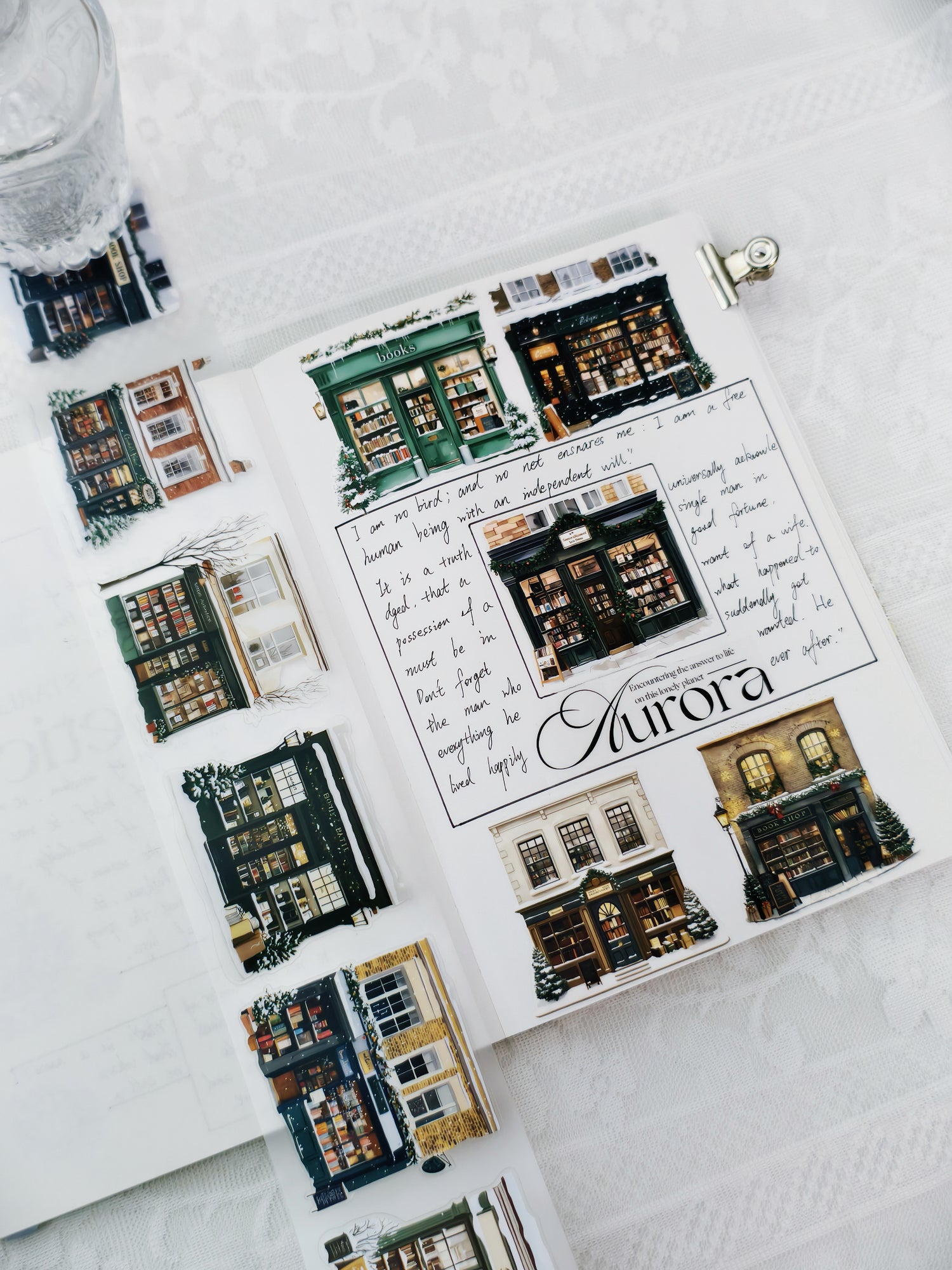 Cozy Winter Bookstores PET tape featuring festive snow-covered bookshop designs