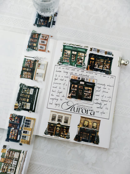 Pre-cut PET tape with holiday bookstore storefronts and winter decorations