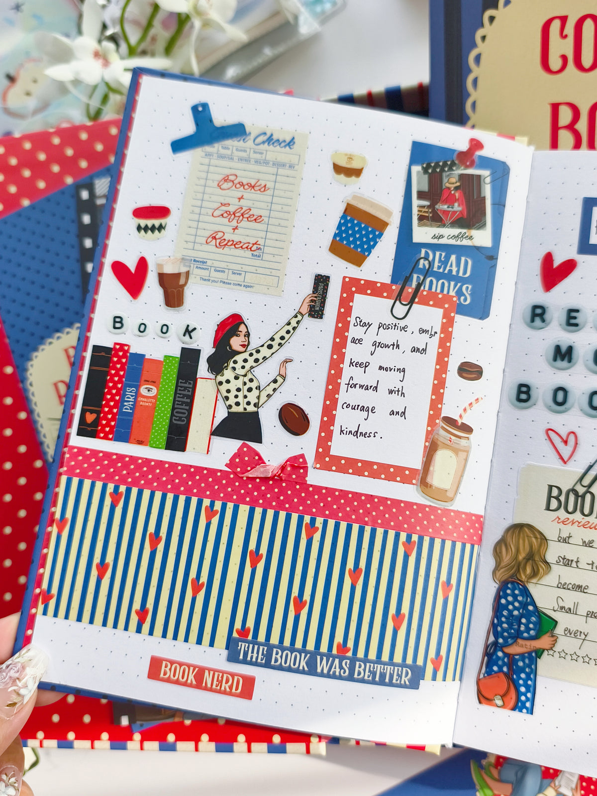 Coffee and Books sticker collection used in a colorful reading journal spread with coffee-themed planner stickers, reading notes, and decorative bookish elements.