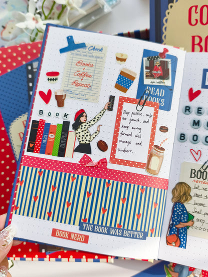 Coffee and Books sticker collection used in a colorful reading journal spread with coffee-themed planner stickers, reading notes, and decorative bookish elements.
