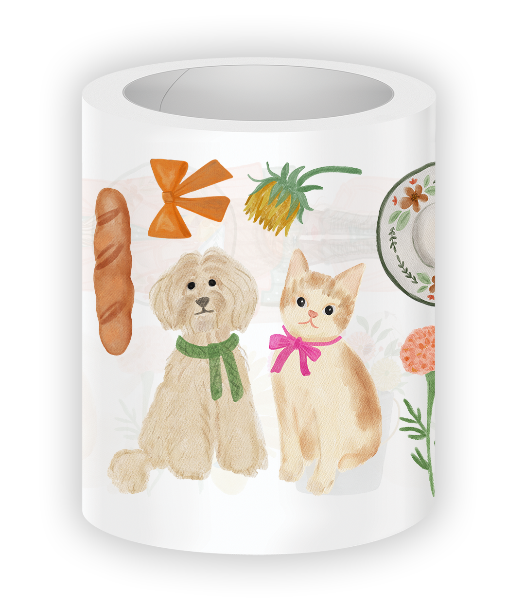 Close-up mockup of Cozy Cottage PET Tape featuring an adorable dog and cat with bows, cottagecore florals, bread, and cozy autumn aesthetic illustrations.