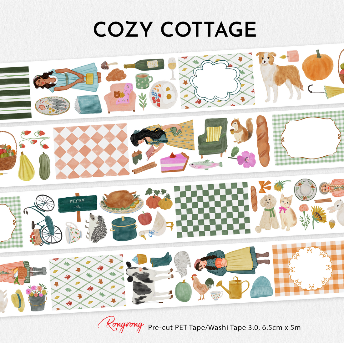 Cozy Cottage Pre-cut PET Tape 3.0 featuring cottagecore autumn illustrations including pumpkins, baked bread, pets, bicycles, florals, cozy kitchens, and countryside-inspired journaling elements.