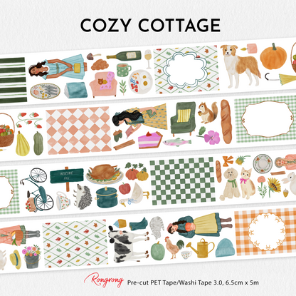 Cozy Cottage Pre-cut PET Tape 3.0 featuring cottagecore autumn illustrations including pumpkins, baked bread, pets, bicycles, florals, cozy kitchens, and countryside-inspired journaling elements.