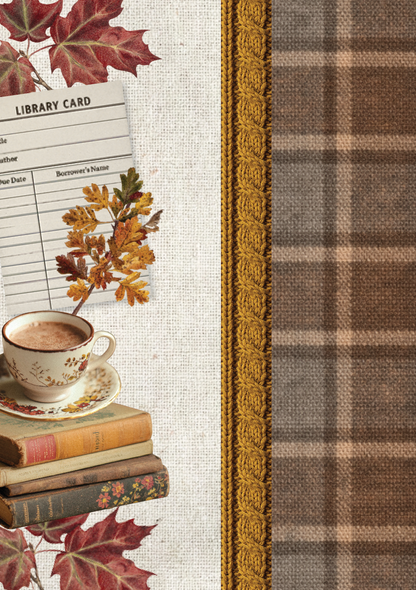 Autumn scrapbook paper featuring vintage books, cozy coffee cup, library card, maple leaves, knitted trim, linen texture, and warm plaid border.