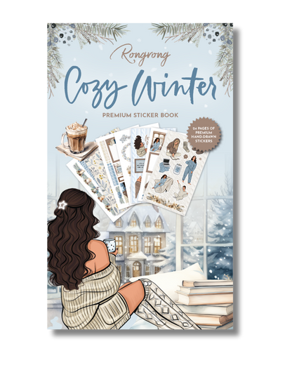 Cozy Winter sticker book with illustrations of a woman by a window and winter-themed elements.