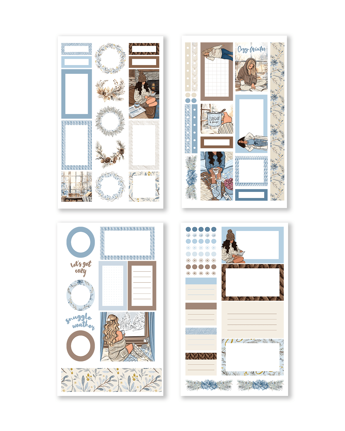 These stickers depict cheerful winter illustrations, including happy characters and snowmen adorned with vibrant holiday motifs.