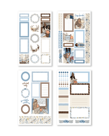 These stickers depict cheerful winter illustrations, including happy characters and snowmen adorned with vibrant holiday motifs.