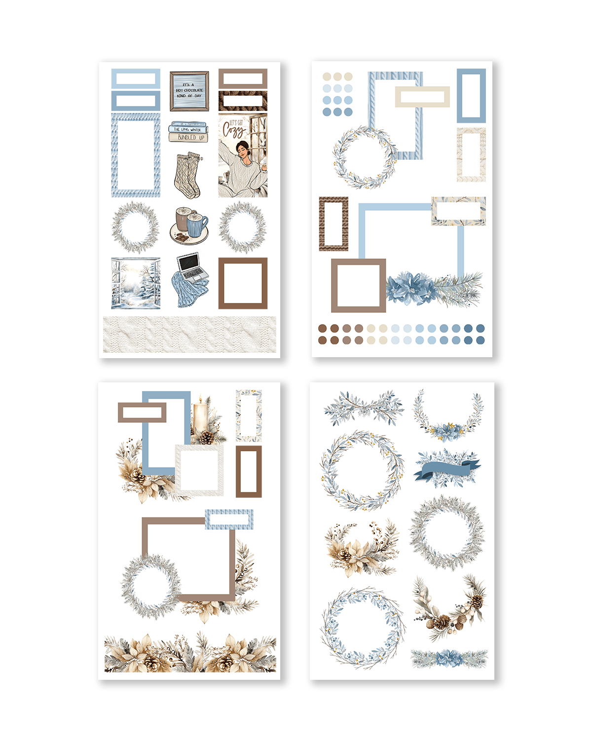 Colorful stickers showcasing lively winter scenes filled with festive characters, snowmen, and holiday-themed designs.