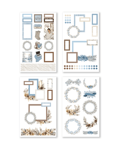 Colorful stickers showcasing lively winter scenes filled with festive characters, snowmen, and holiday-themed designs.