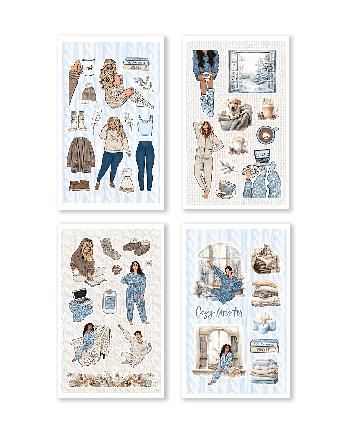 Stickers that highlight playful winter landscapes, complete with cheerful characters, snowmen, and bright holiday accents.