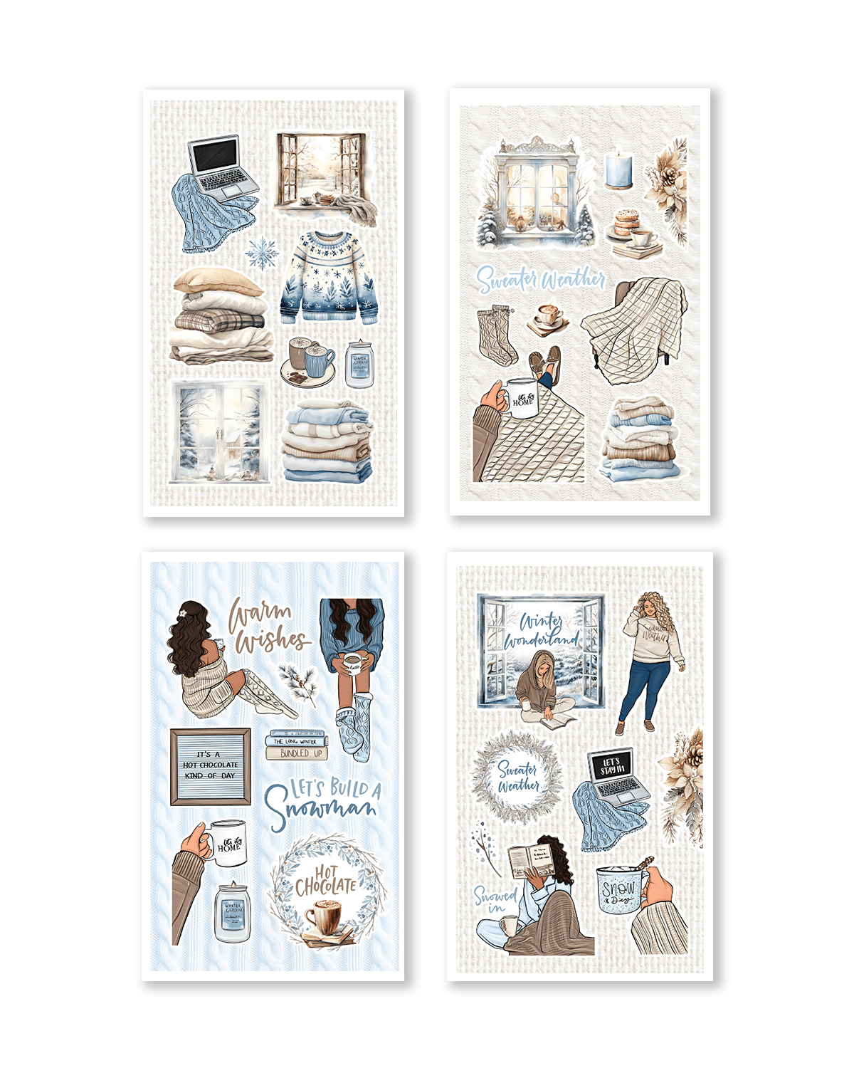 These stickers illustrate joyful winter scenes, featuring vibrant characters, snowmen, and cheerful holiday elements.