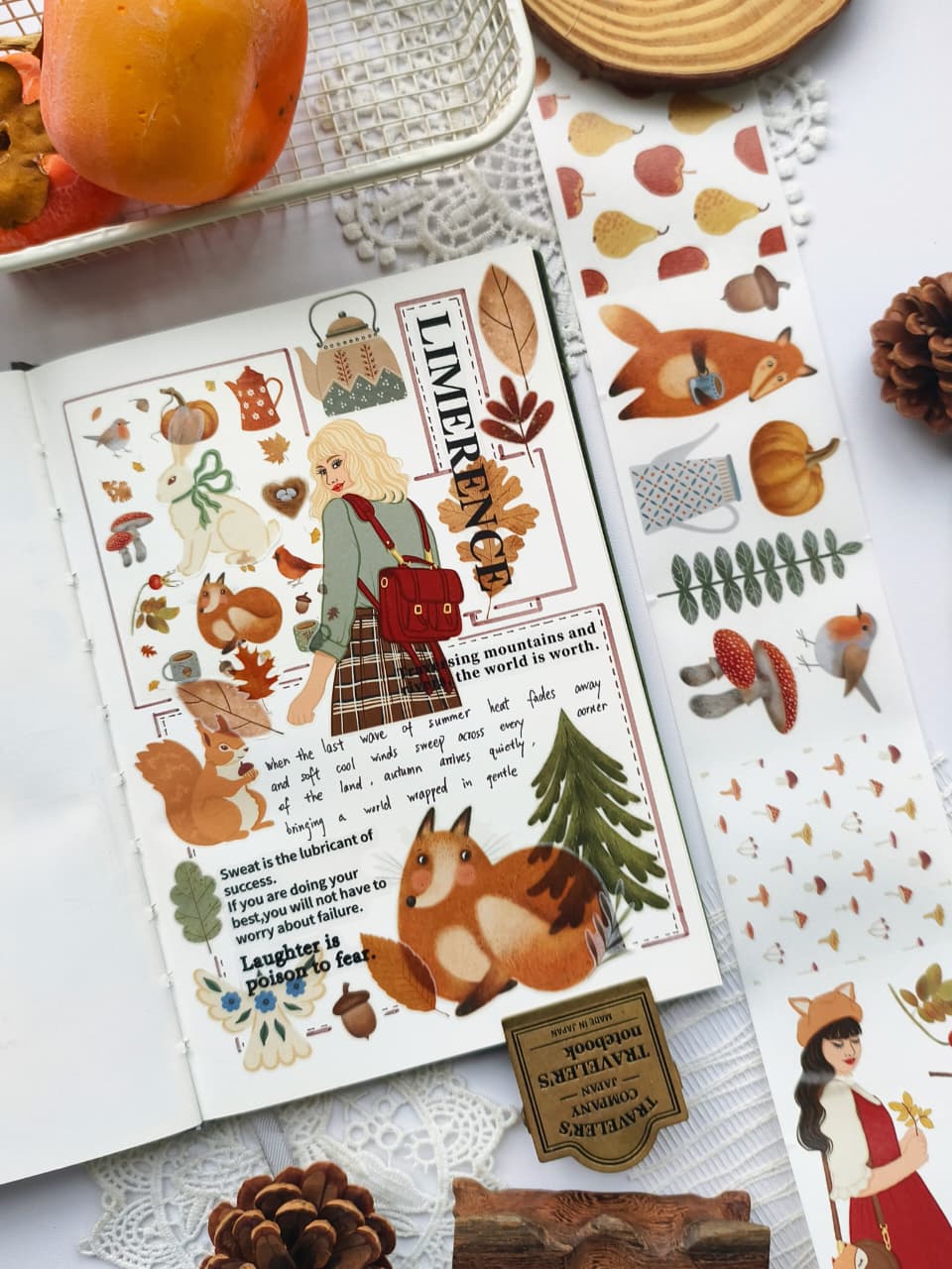 Angled view of a fall-themed journal spread created with Foxberry Tales Washi Tape featuring woodland animals, autumn foliage, mushrooms, forest illustrations, and cozy seasonal accents for creative journaling.