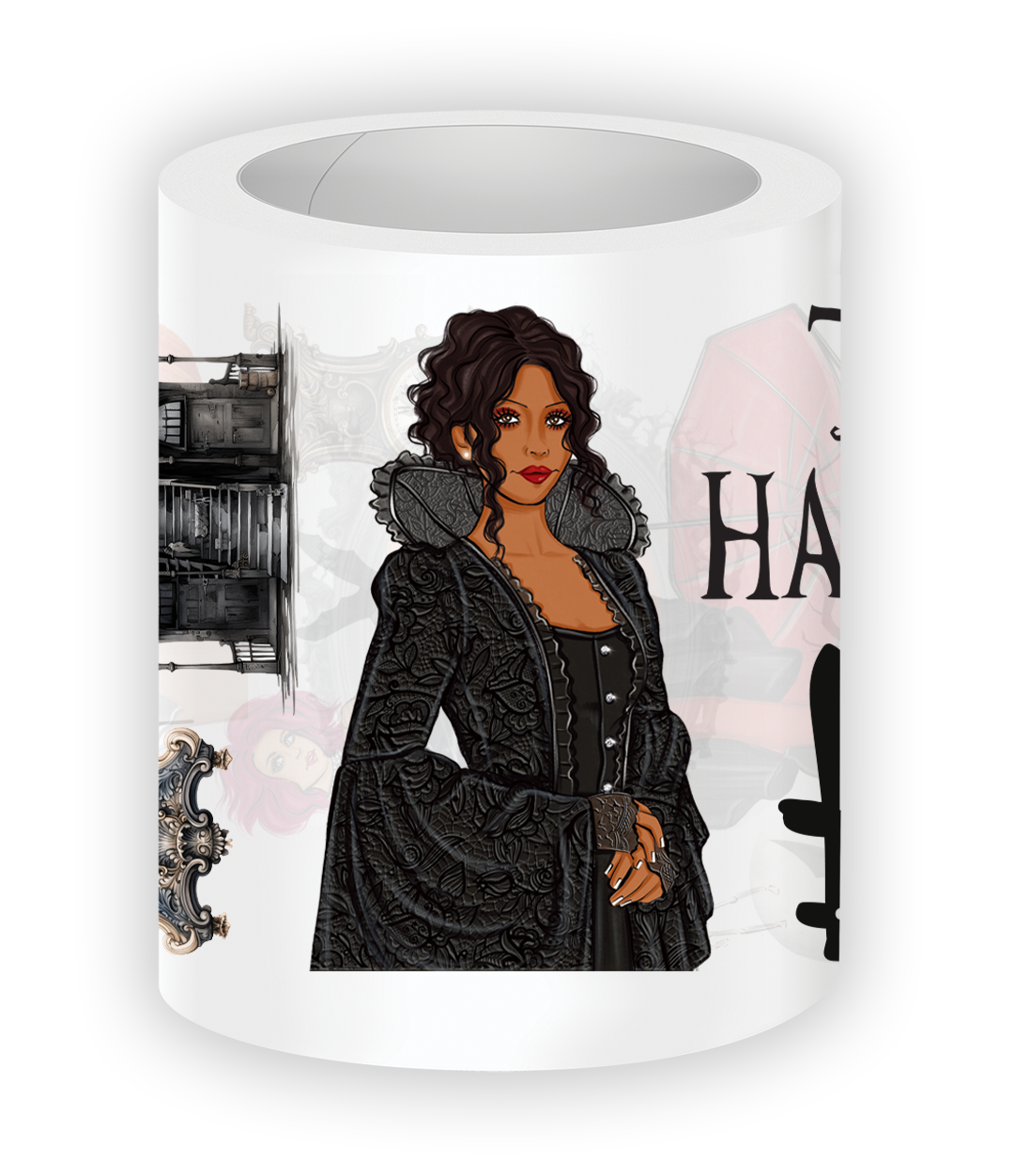 Stylized illustration of a woman in a black coat on a white background