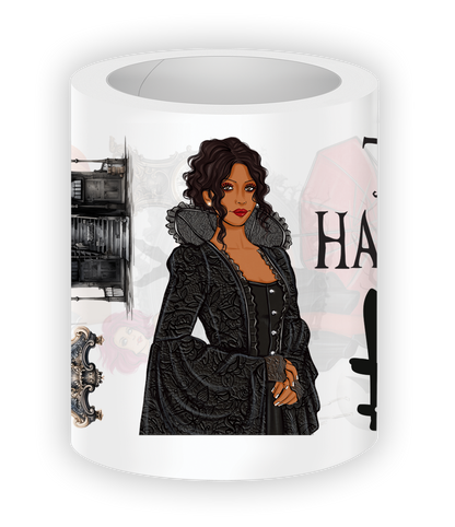 Stylized illustration of a woman in a black coat on a white background
