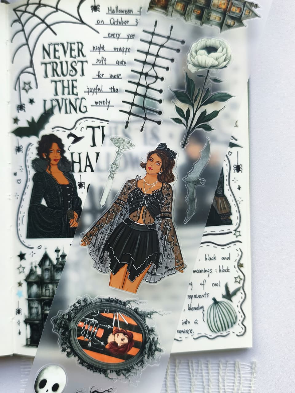 Transparent Creepy Hollow PET tape with gothic fashion illustration, black lace outfit, white flower, haunted mirror, bats, eerie portrait, and spooky vintage Halloween decorative stickers.