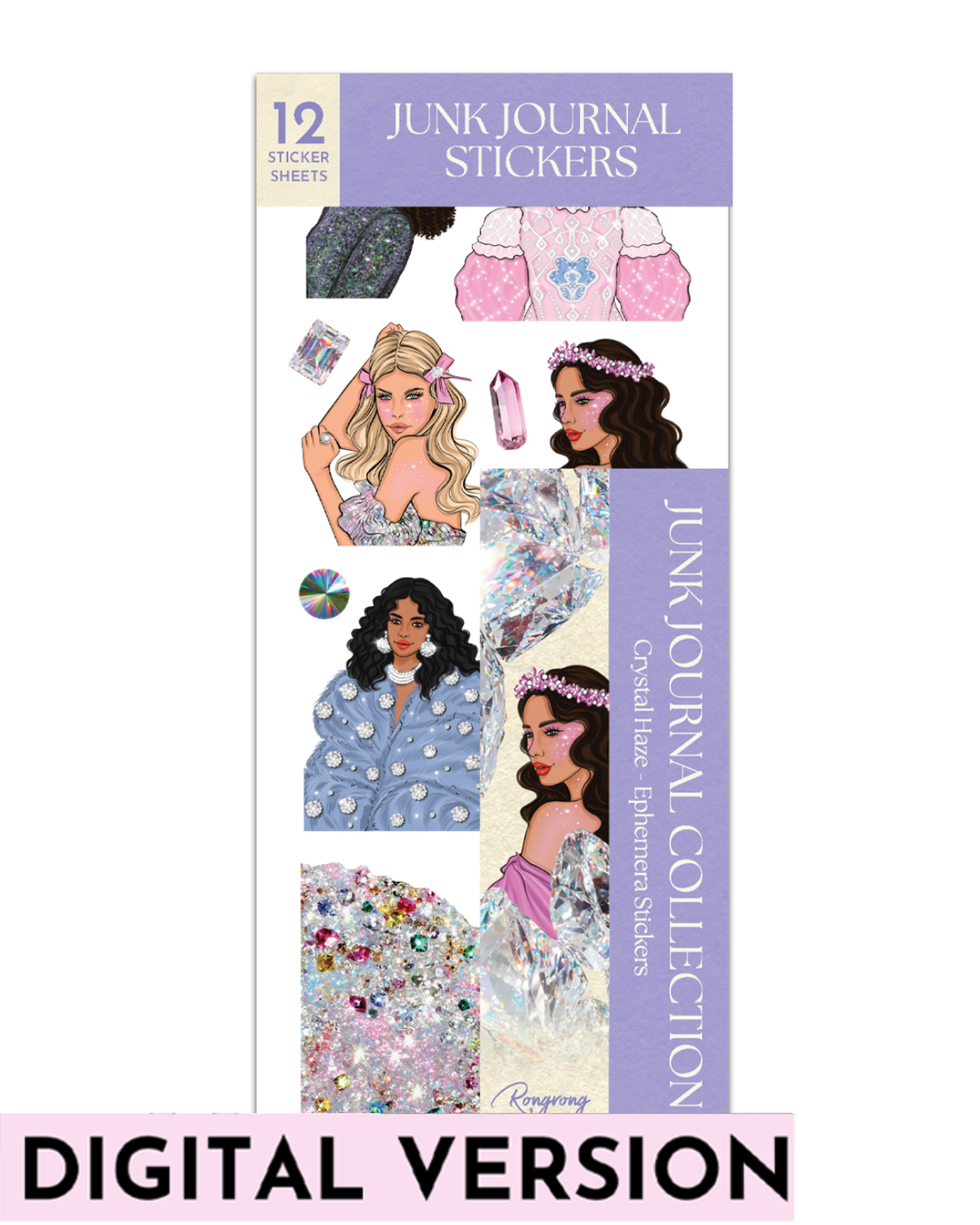 Crystal Haze Ephemera Sticker Sheet Set featuring glamorous fashion illustrations, sparkling crystal gemstones, iridescent textures, glitter accents, jeweled clothing, pastel lavender and pink tones, and elegant feminine journaling stickers for planners, scrapbooks, and junk journals.