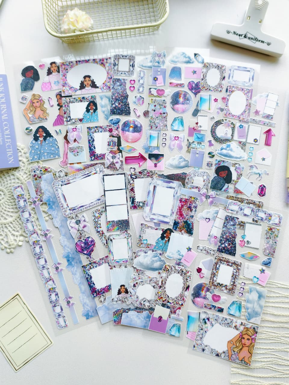 Full collection of crystal-inspired ephemera stickers featuring holographic gems, glitter textures, dreamy clouds, feminine illustrations, disco balls, and colorful journaling elements on a white background.