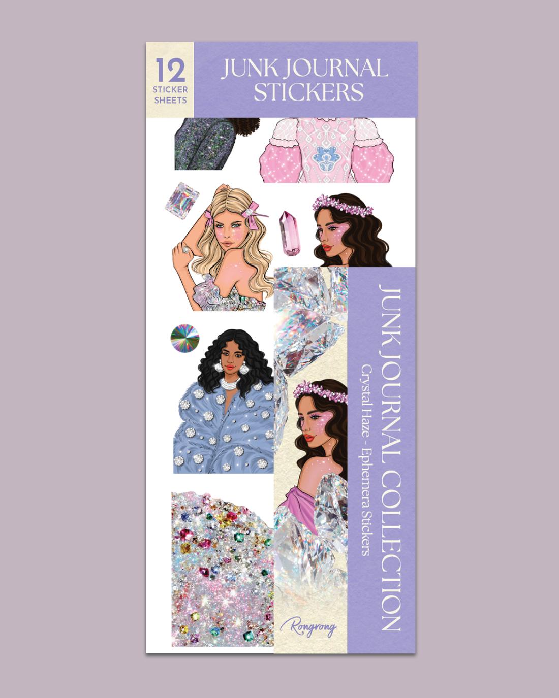 Crystal Haze Ephemera Sticker Sheet Set featuring glamorous fashion illustrations, sparkling crystal gemstones, iridescent textures, glitter accents, jeweled clothing, pastel lavender and pink tones, and elegant feminine journaling stickers for planners, scrapbooks, and junk journals.