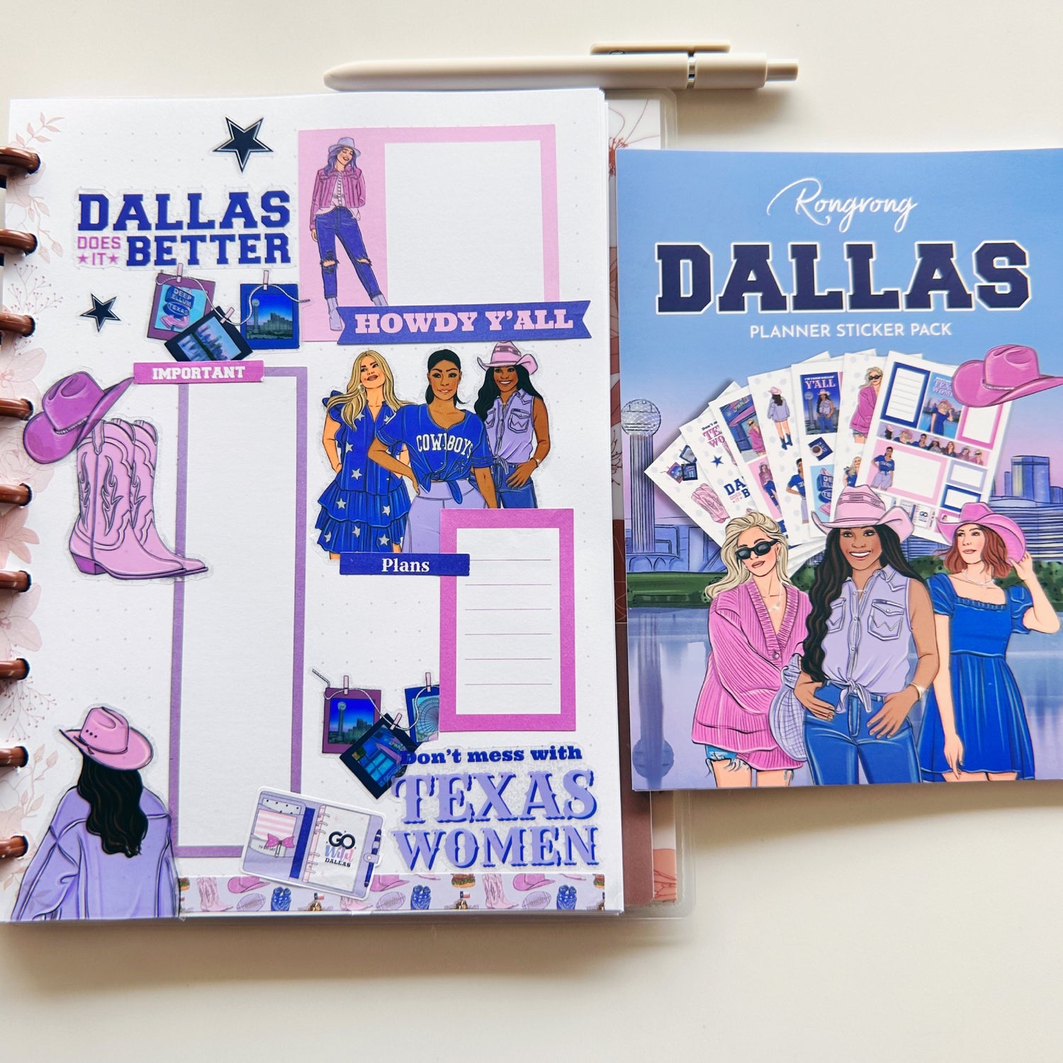 A variety of stickers showcasing Dallas-themed elements, including the skyline, cowboy boots, and Texas icons.