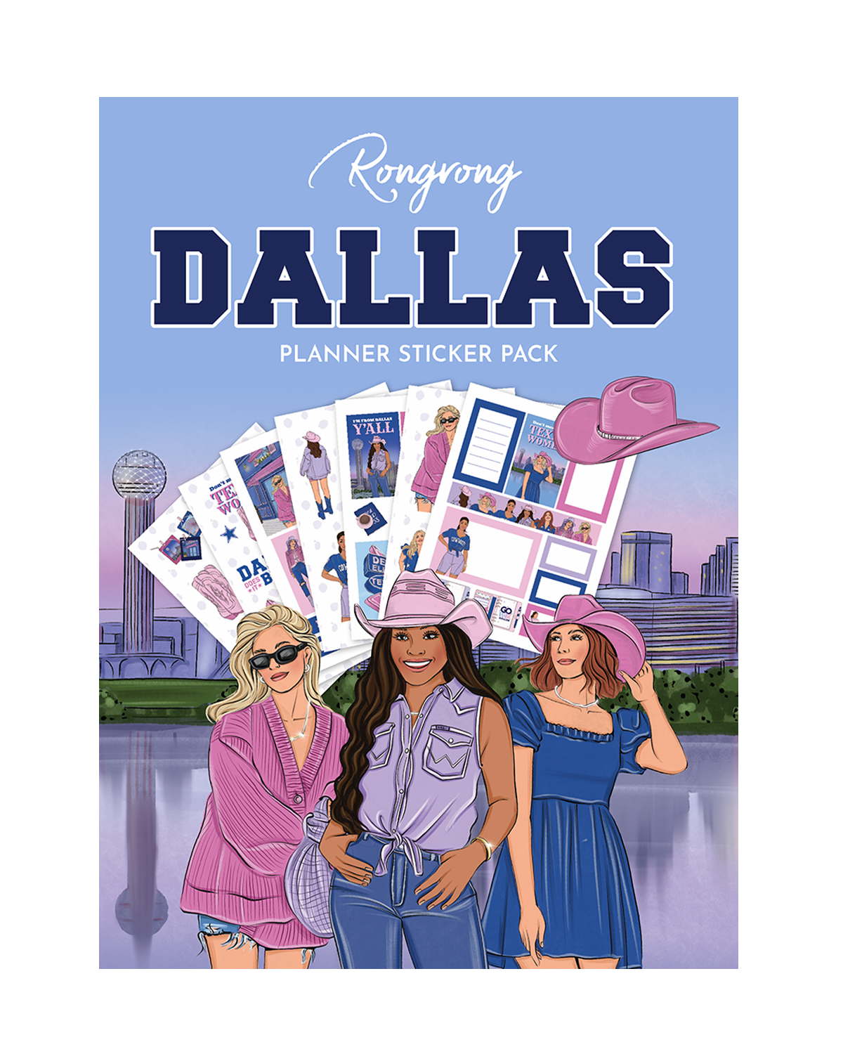 Sticker pack cover featuring iconic Dallas landmarks and vibrant illustrations in a colorful, modern style.