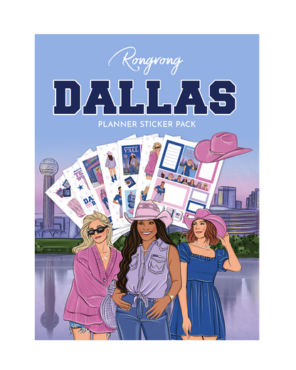 Sticker pack cover featuring iconic Dallas landmarks and vibrant illustrations in a colorful, modern style.