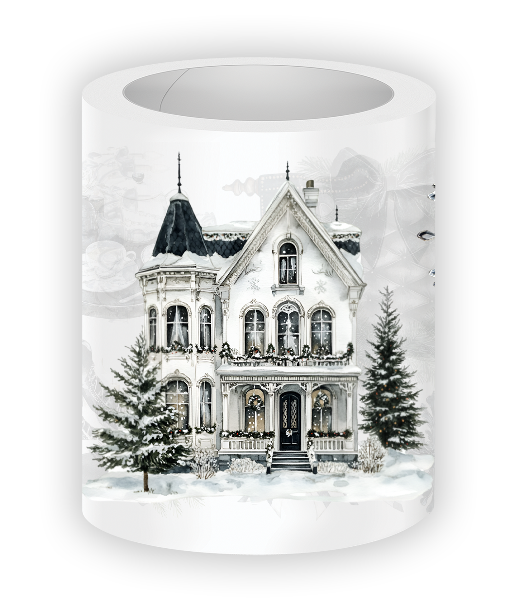 Pre-cut PET tape featuring elegant winter scenes, wreaths, fireplaces, and snowflakes